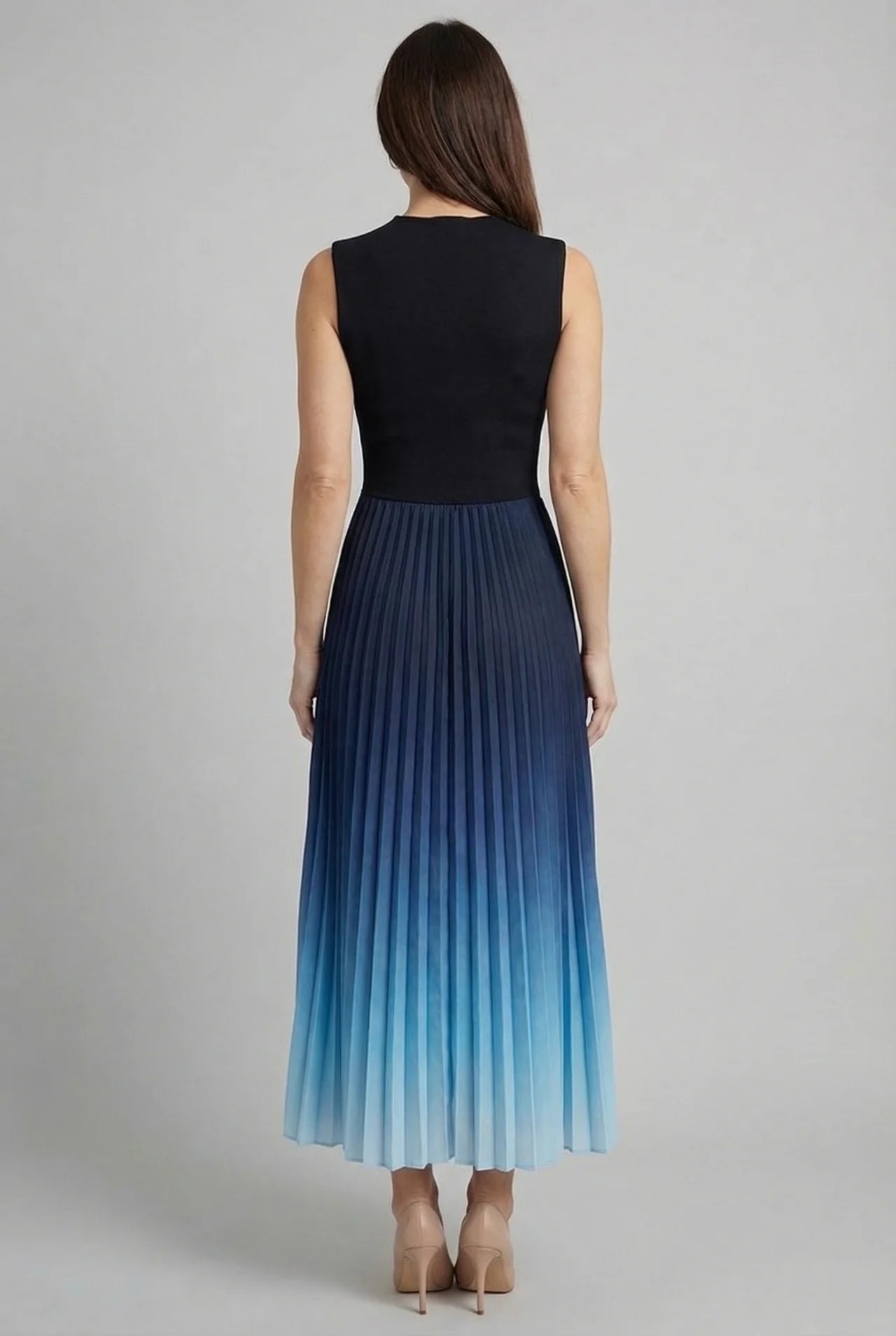 Ombre Pleated Fit Flare Sleeveless Midi Dress