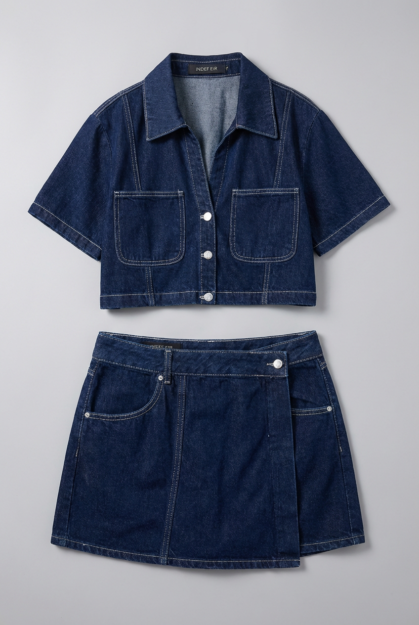 Denim Style Cropped Shirt Mini Skirt Co-Ord Set