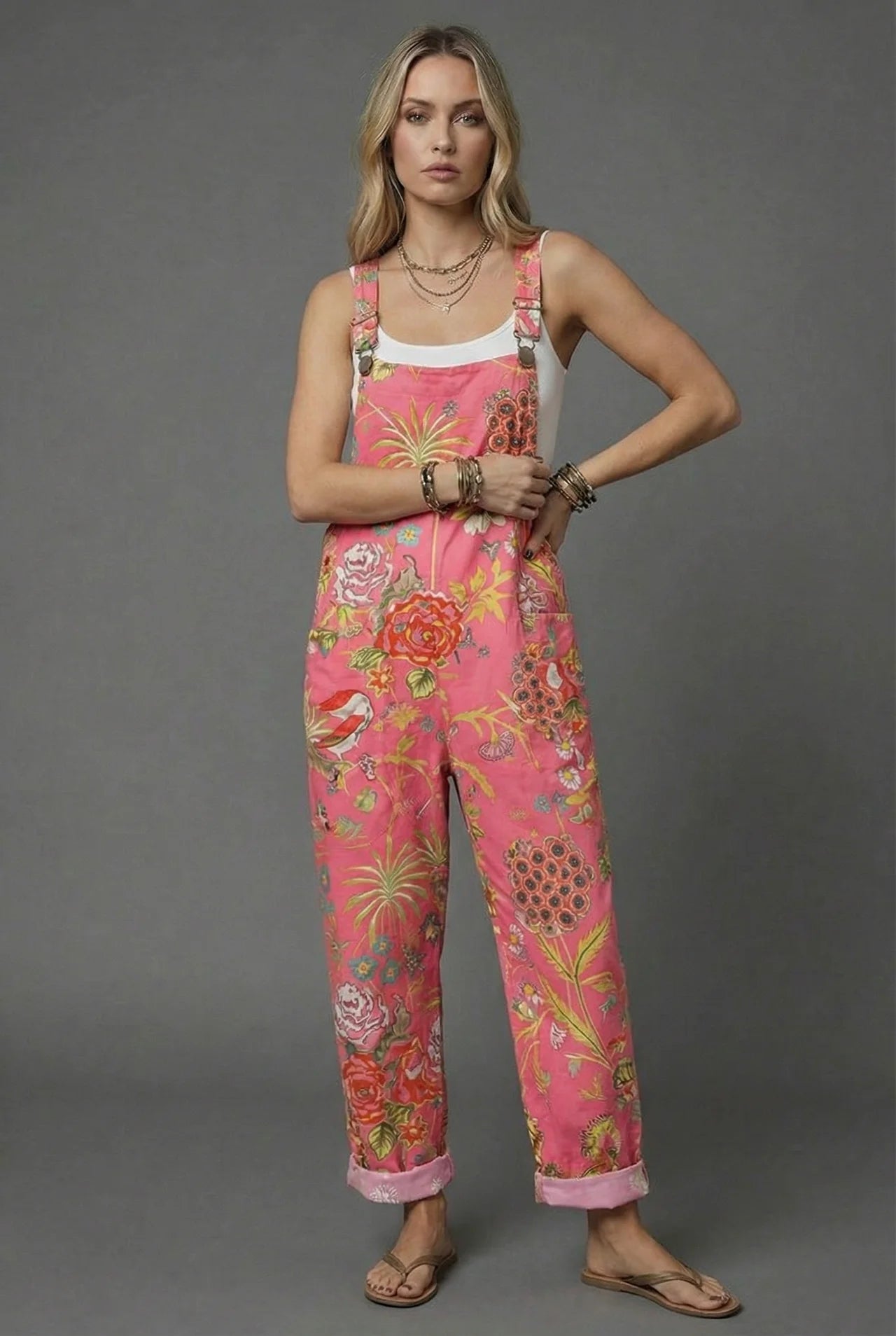 Floral Botanical Linen Style Summer Jumpsuit Women
