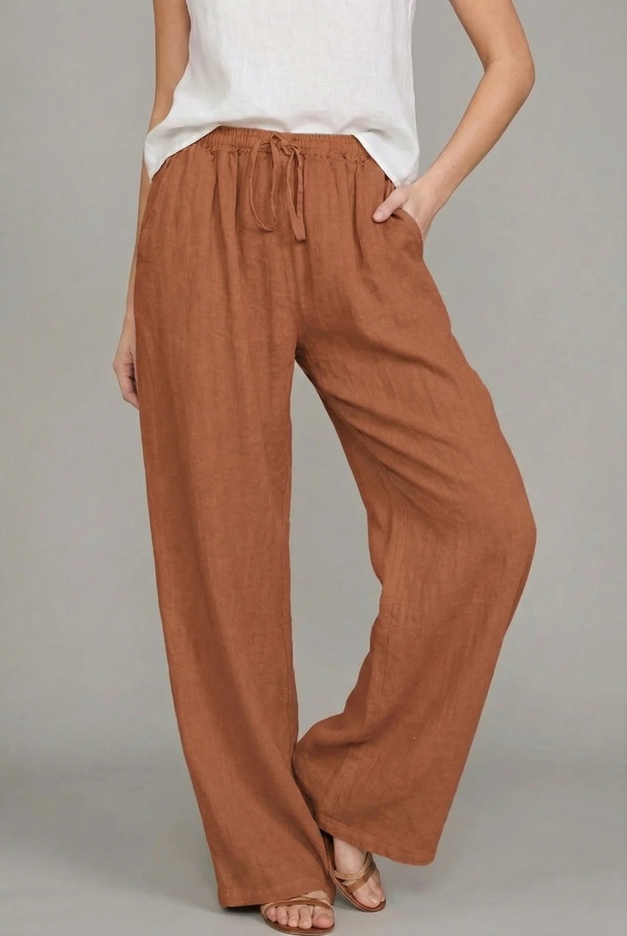 Women's Linen Style Wide Leg Drawstring Summer Trousers