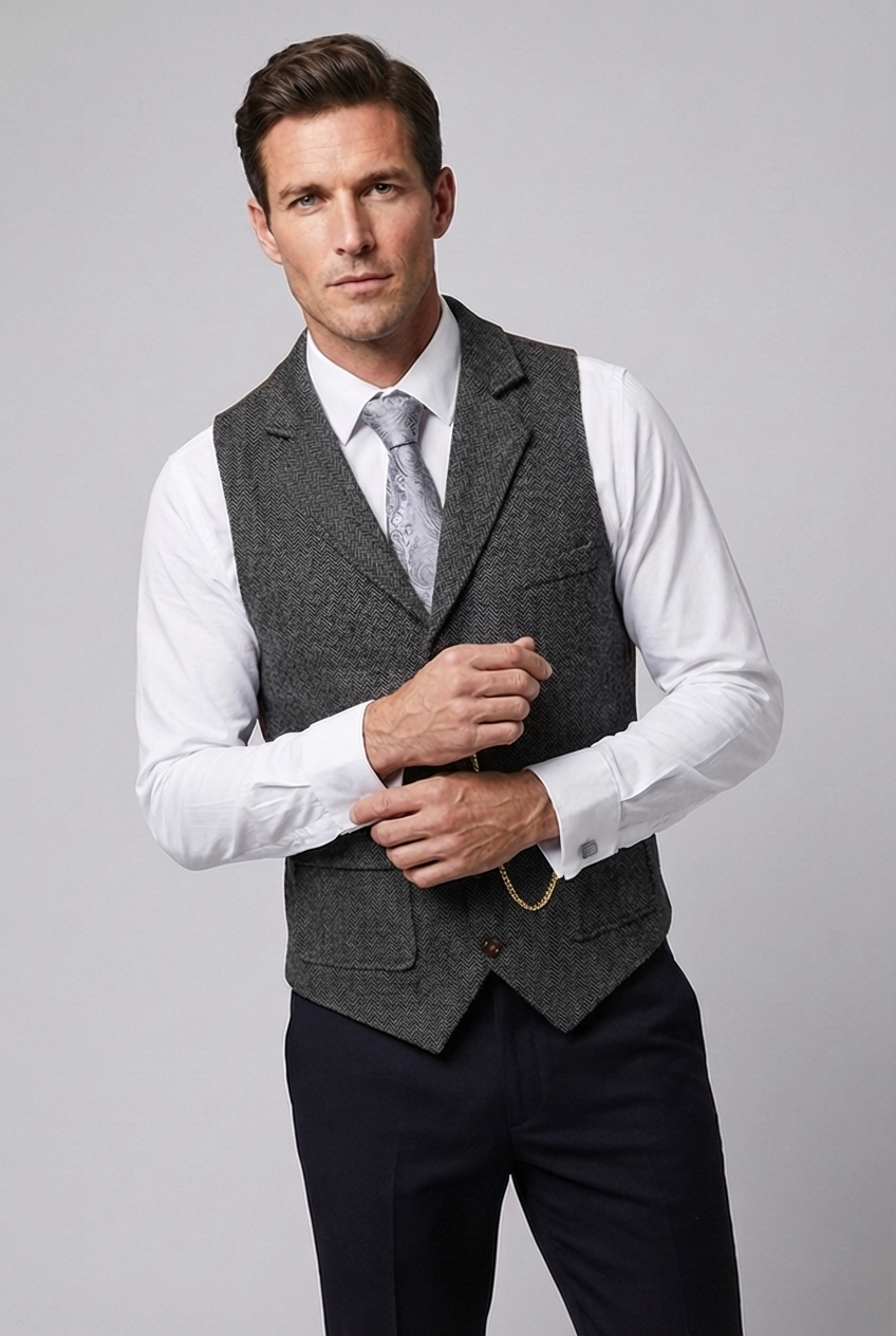 Herringbone Tweed Style Lapel Waistcoat Men