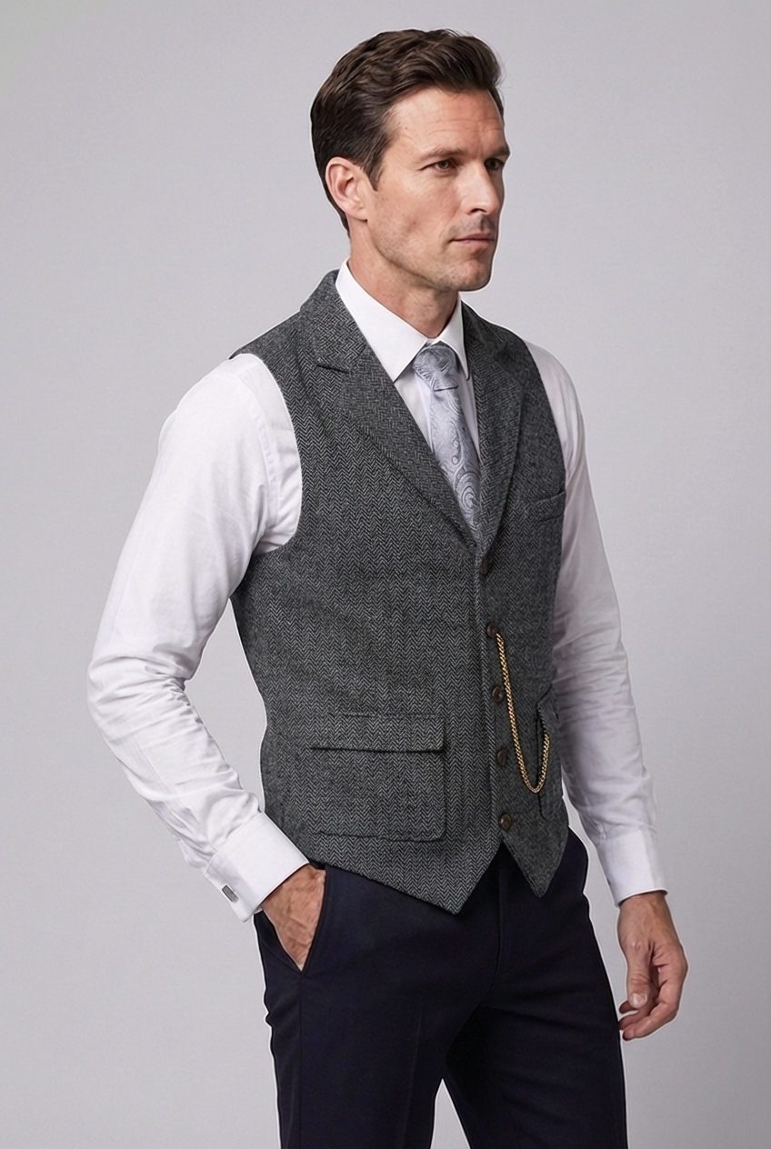 Herringbone Tweed Style Lapel Waistcoat Men