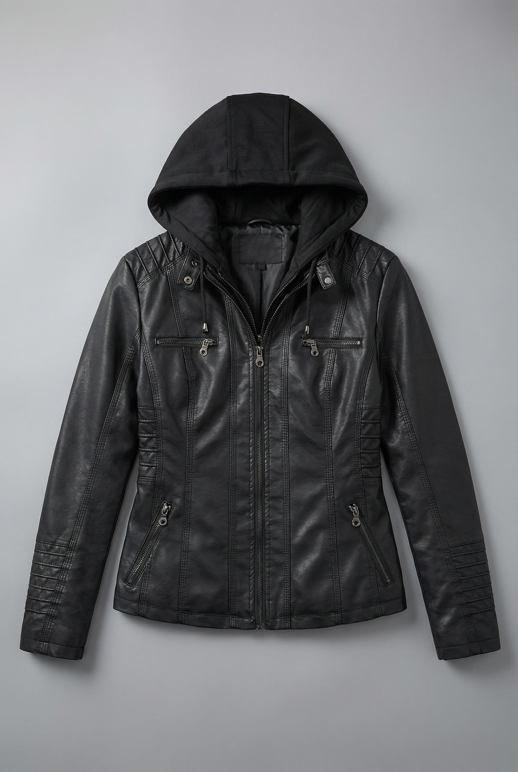 Women’s Leather Style Detachable Hood Zip Jacket Casual Wear