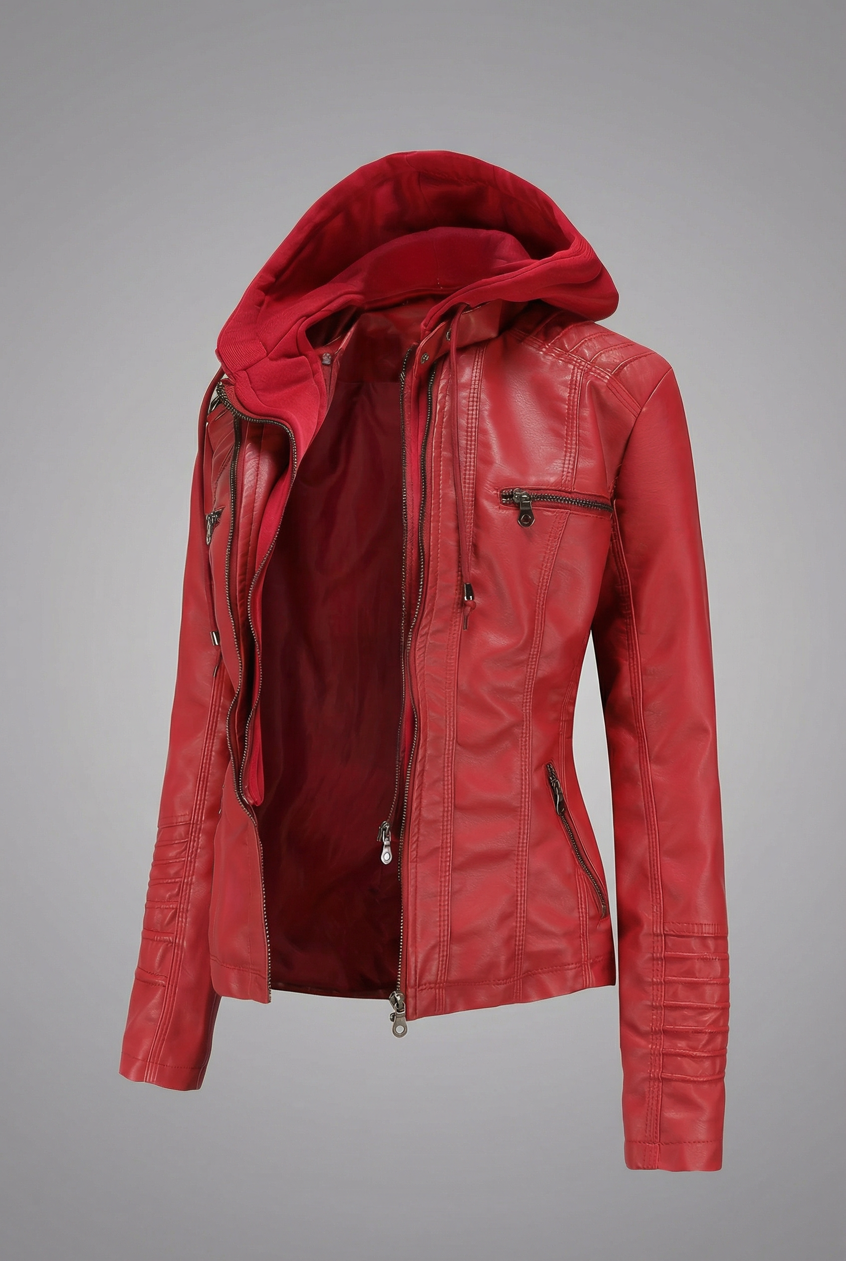 Women’s Leather Style Detachable Hood Zip Jacket Casual Wear