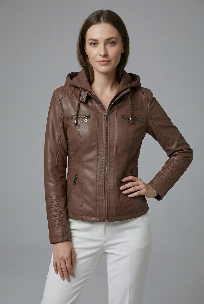 Women’s Leather Style Detachable Hood Zip Jacket Casual Wear
