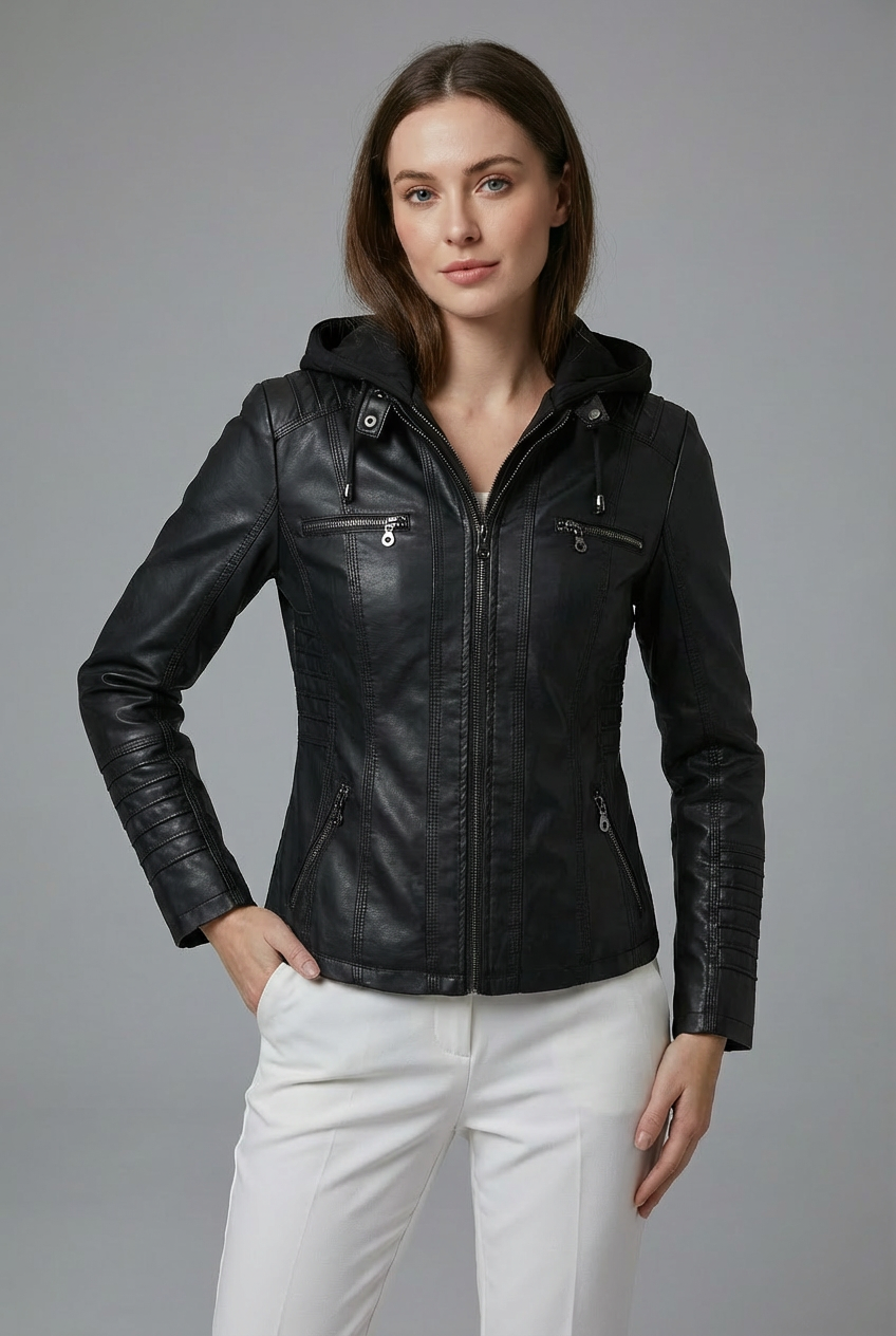Women’s Leather Style Detachable Hood Zip Jacket Casual Wear