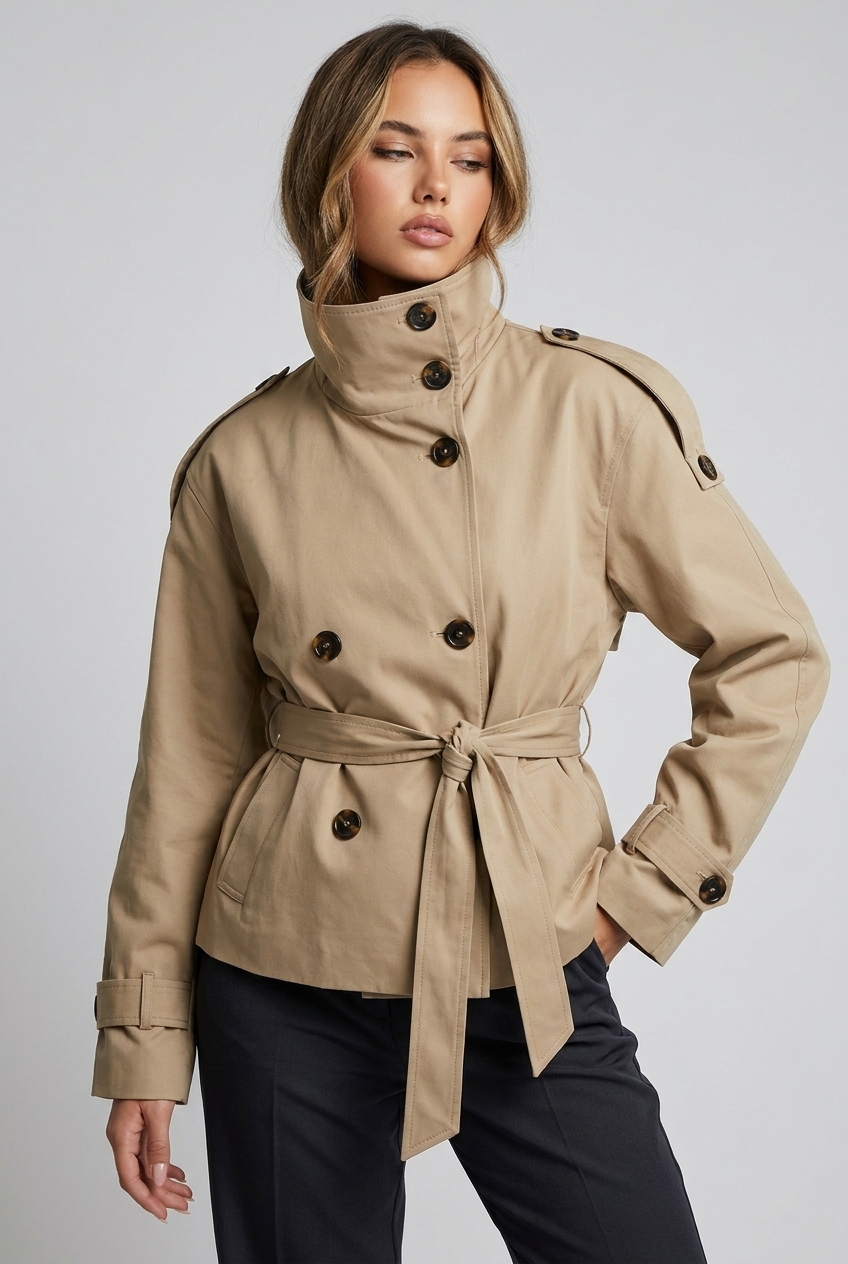 Beige Double-Breasted Turtle Neck Trench Coat Women