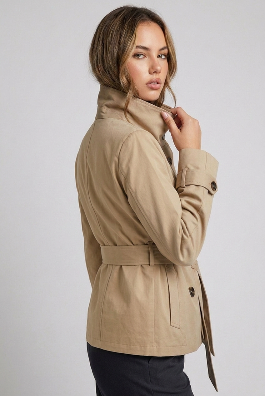 Beige Double-Breasted Turtle Neck Trench Coat Women