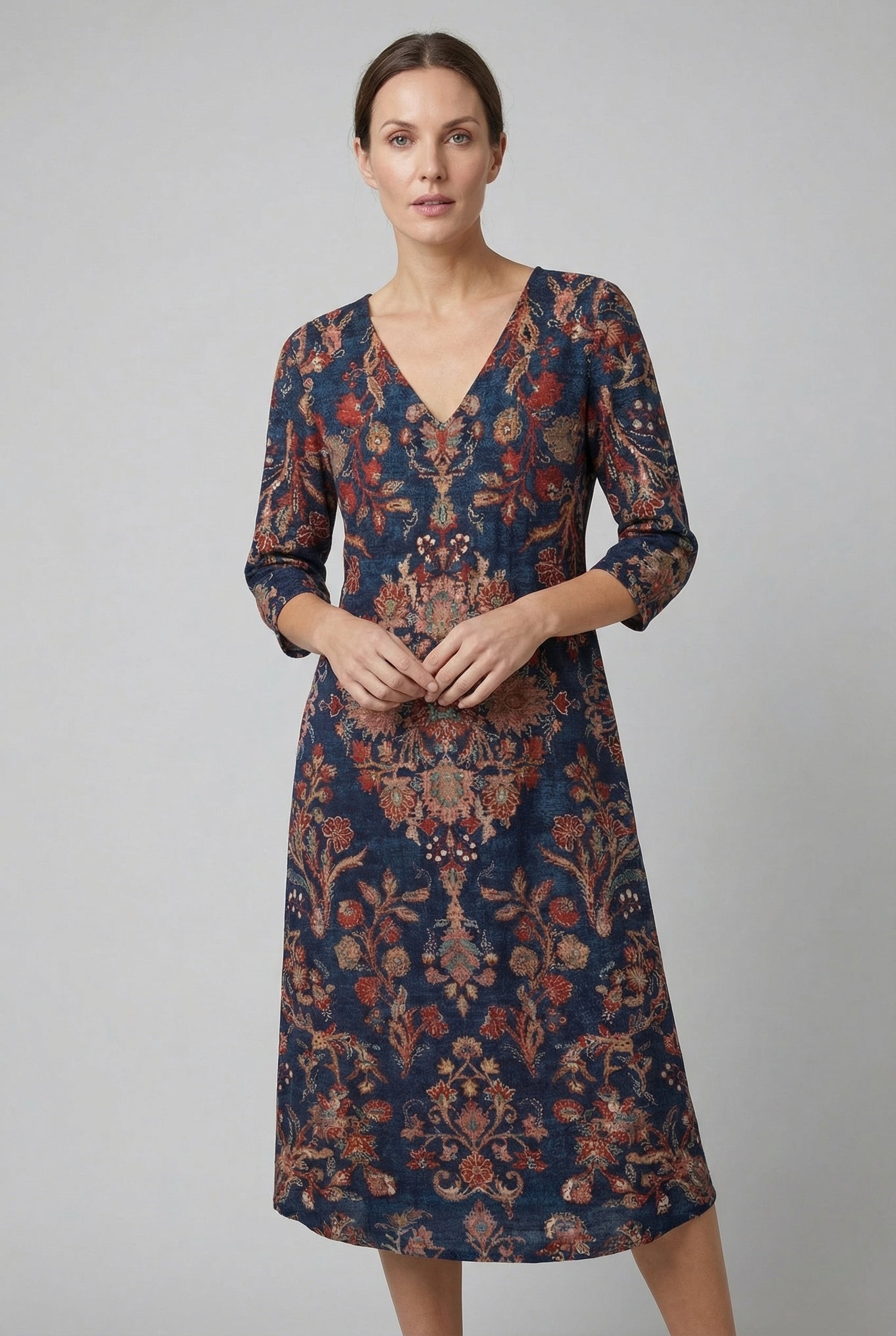Tapestry Print V-Neck Three Quarter Sleeve Boho Midi Dress