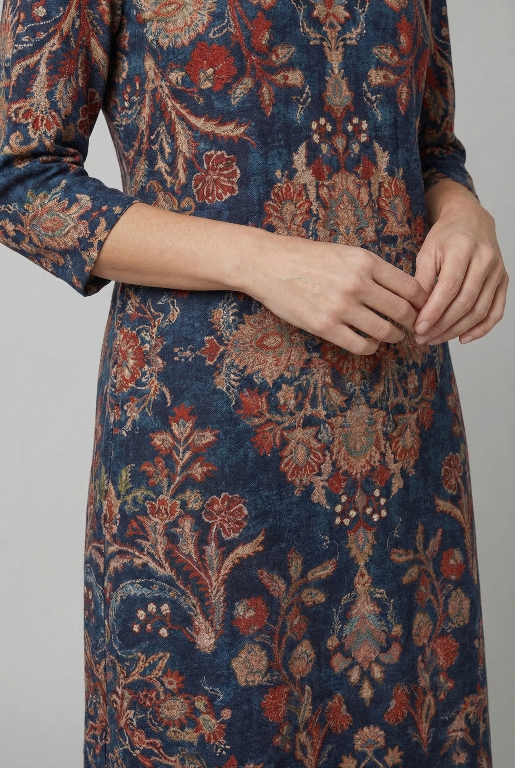 Tapestry Print V-Neck Three Quarter Sleeve Boho Midi Dress
