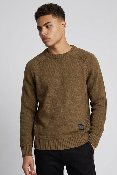 Elbow Patch Crew Neck Wool Sweater Men