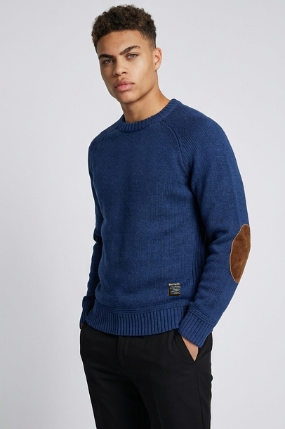 Elbow Patch Crew Neck Wool Sweater Men