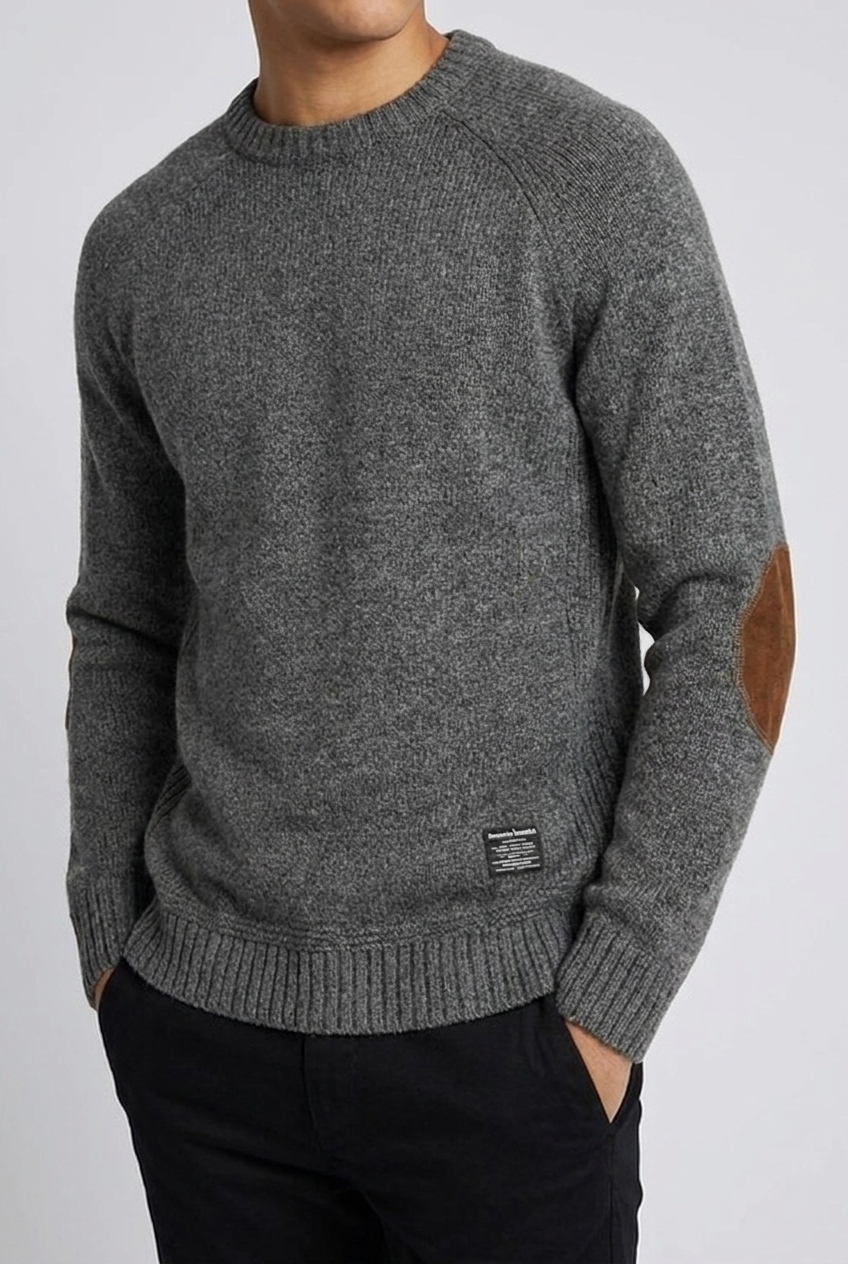 Elbow Patch Crew Neck Wool Sweater Men