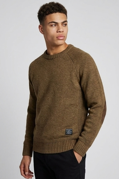 Elbow Patch Crew Neck Wool Sweater Men