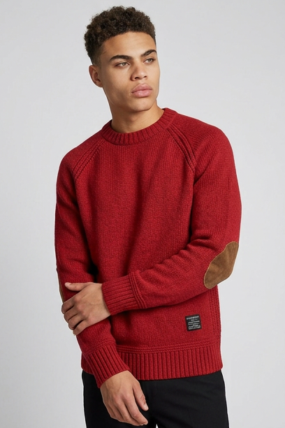 Elbow Patch Crew Neck Wool Sweater Men