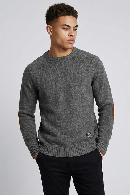 Elbow Patch Crew Neck Wool Sweater Men