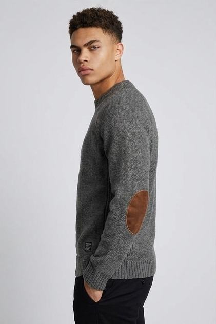Elbow Patch Crew Neck Wool Sweater Men