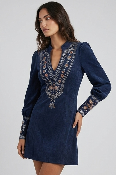 Embroidered Lantern Sleeve V-Neck Mini Occasion Dress
