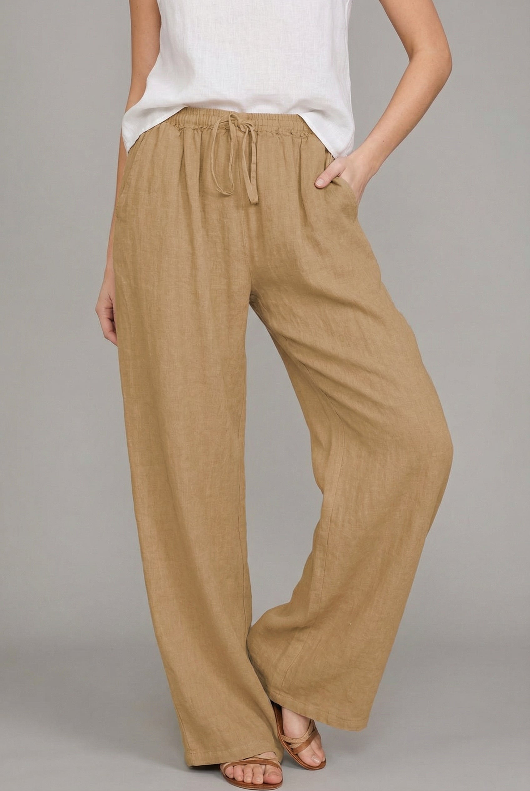 Women's Linen Style Wide Leg Drawstring Summer Trousers