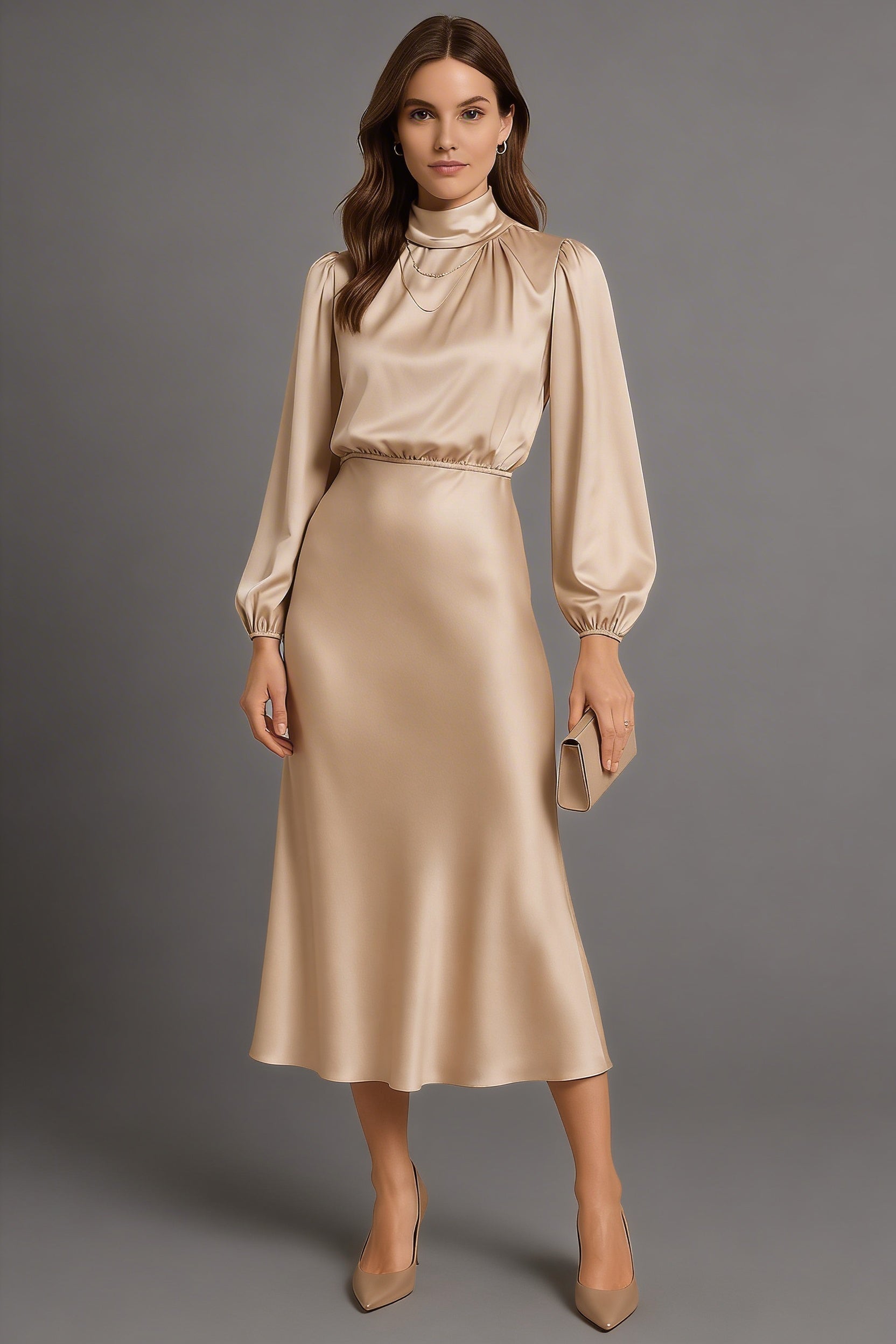 Long Sleeve Modest Satin Style Formal Midi Dress