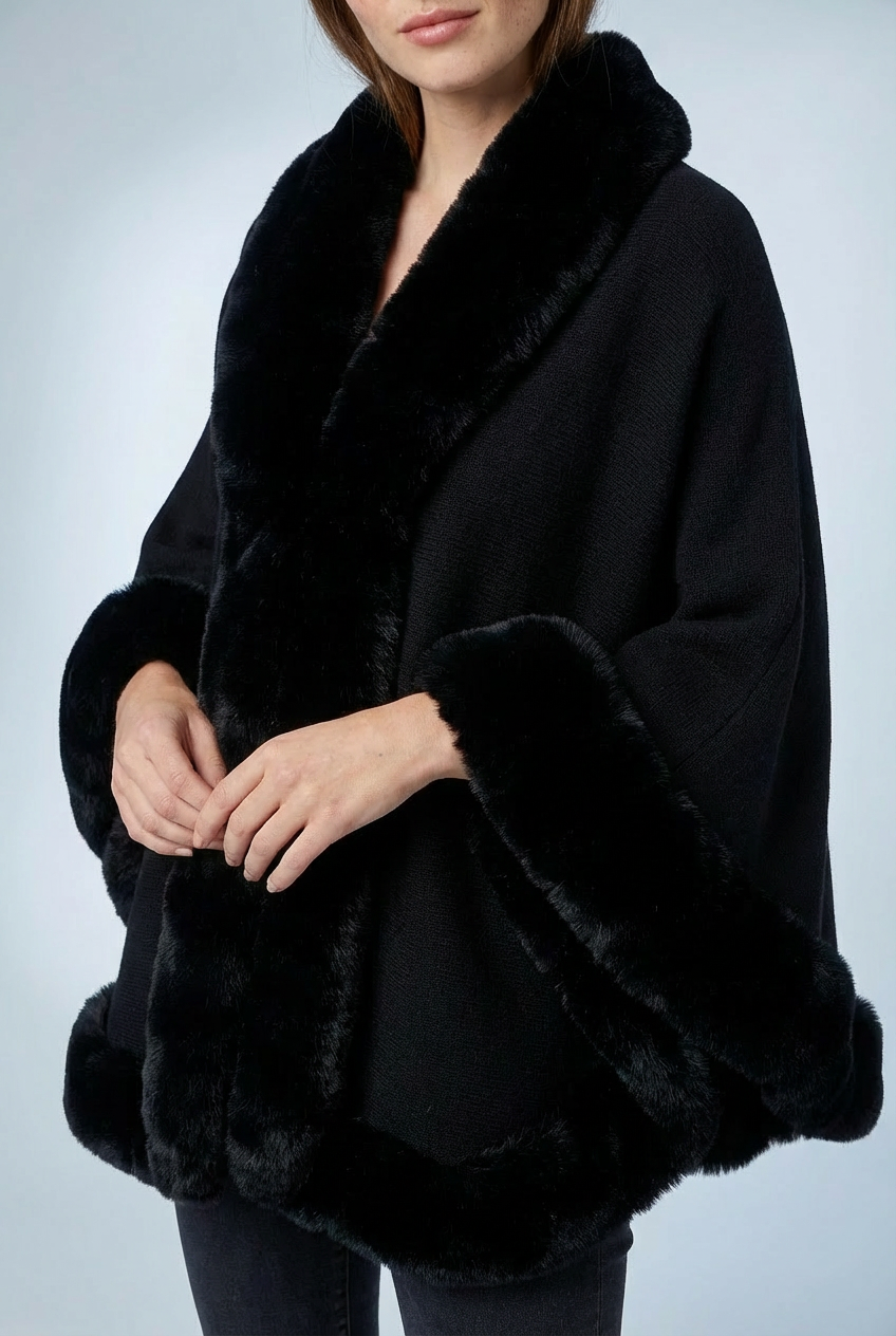 Women's Faux Fur Cape Coat with Wide Sleeves