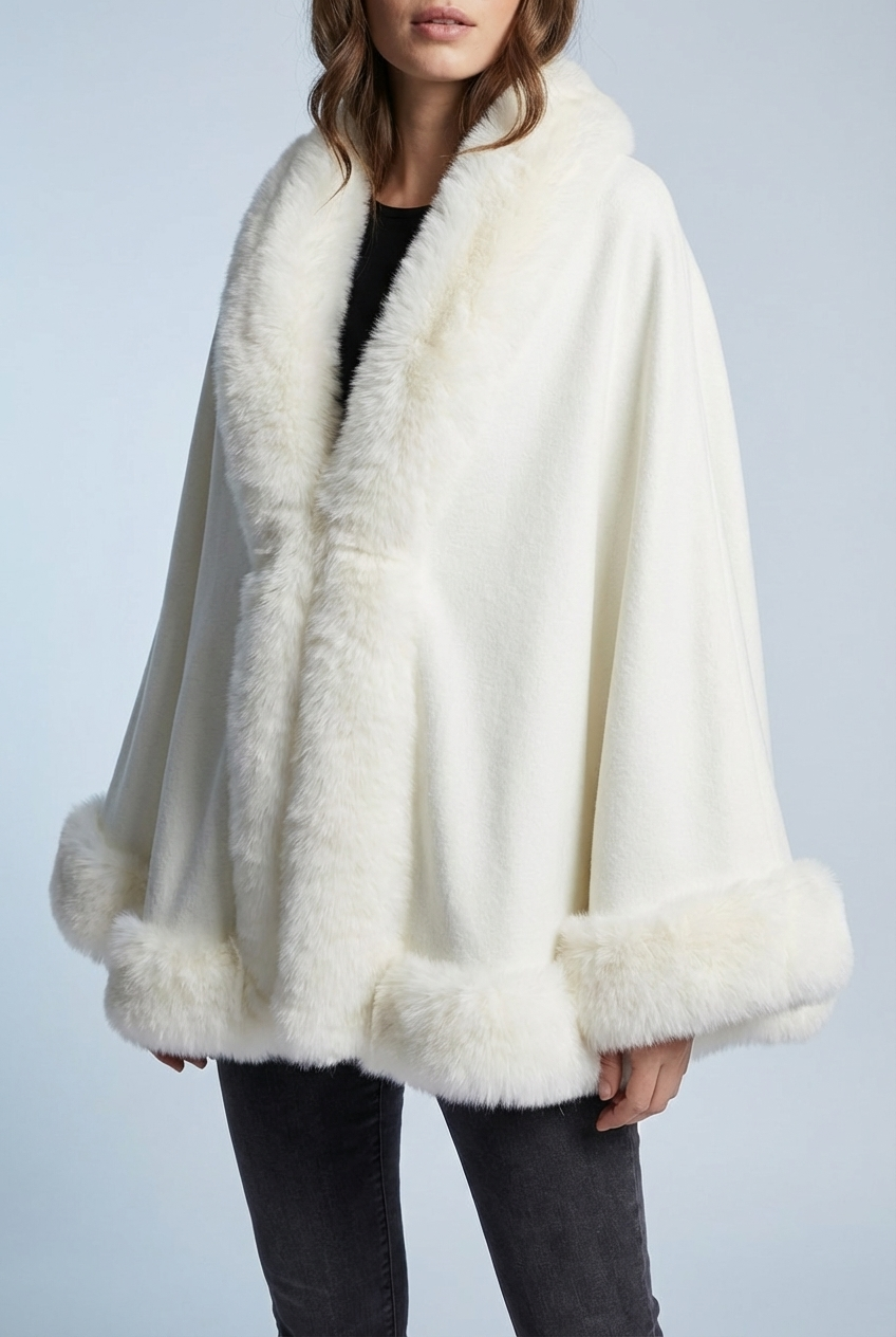 Women's Faux Fur Cape Coat with Wide Sleeves