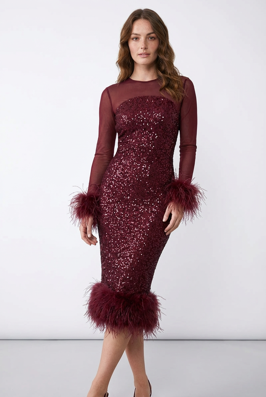 Women’s Slim A-Line Feather Patchwork Sequin Dress