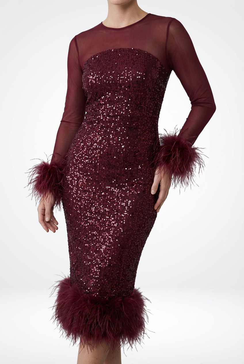 Women’s Slim A-Line Feather Patchwork Sequin Dress