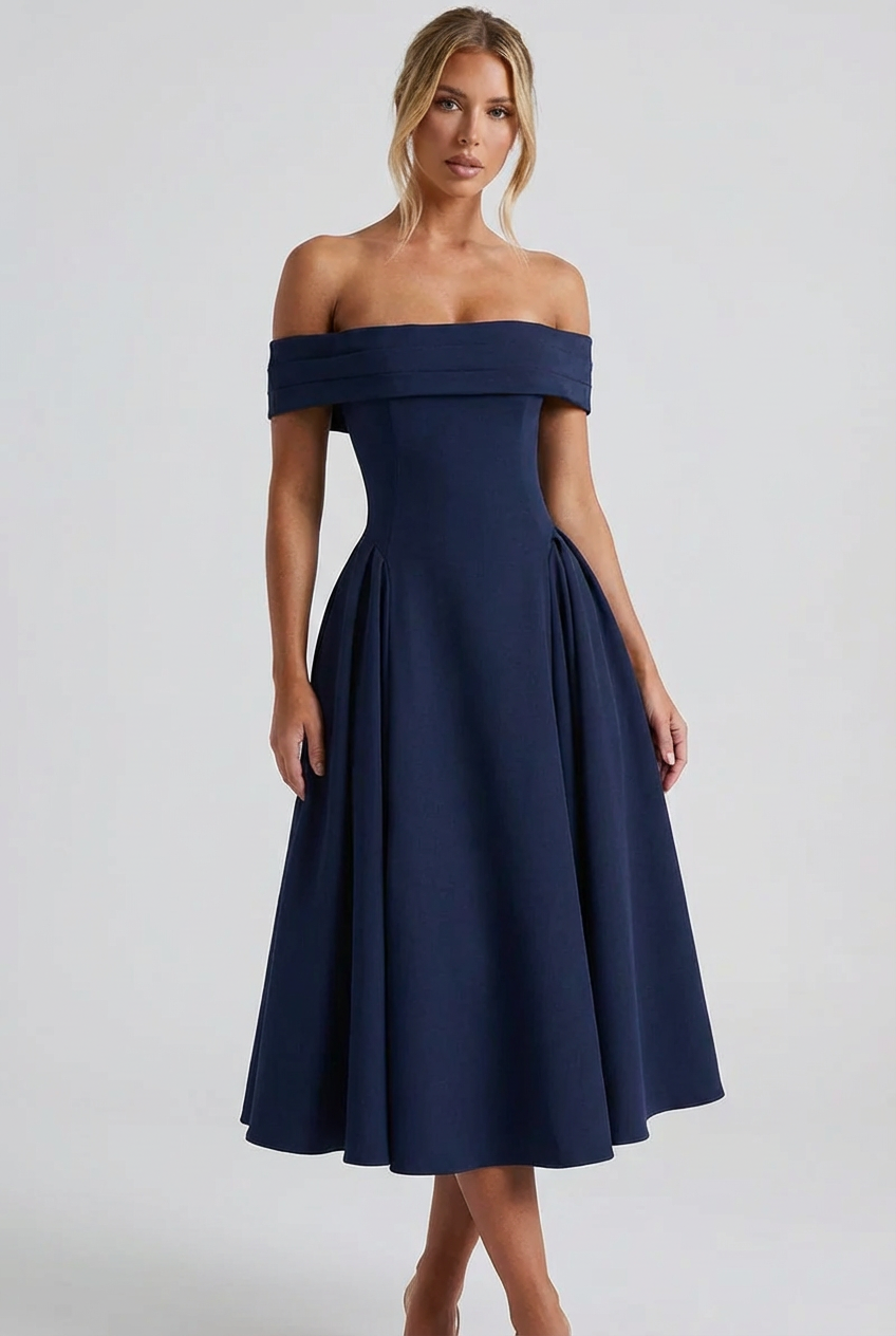 Women's Sophisticated Off Shoulder Pleated Flare Mid Length Dress