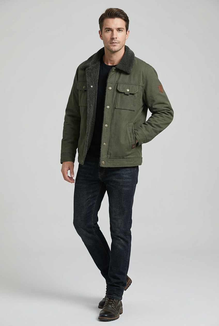 Men’s Sherpa Lined Warm Fleece Faux Shearling Collar Jacket