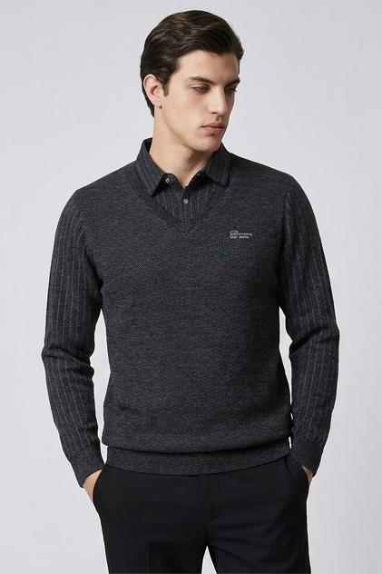 Faux Layered V-Neck Knit Style Jumper Men