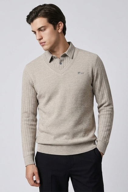Faux Layered V-Neck Knit Style Jumper Men