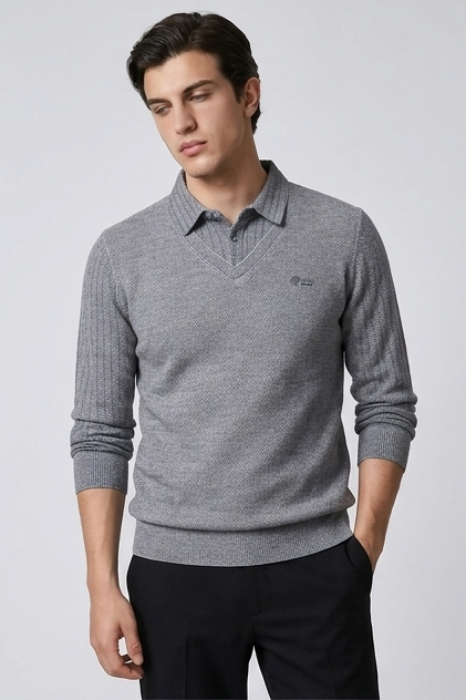 Faux Layered V-Neck Knit Style Jumper Men