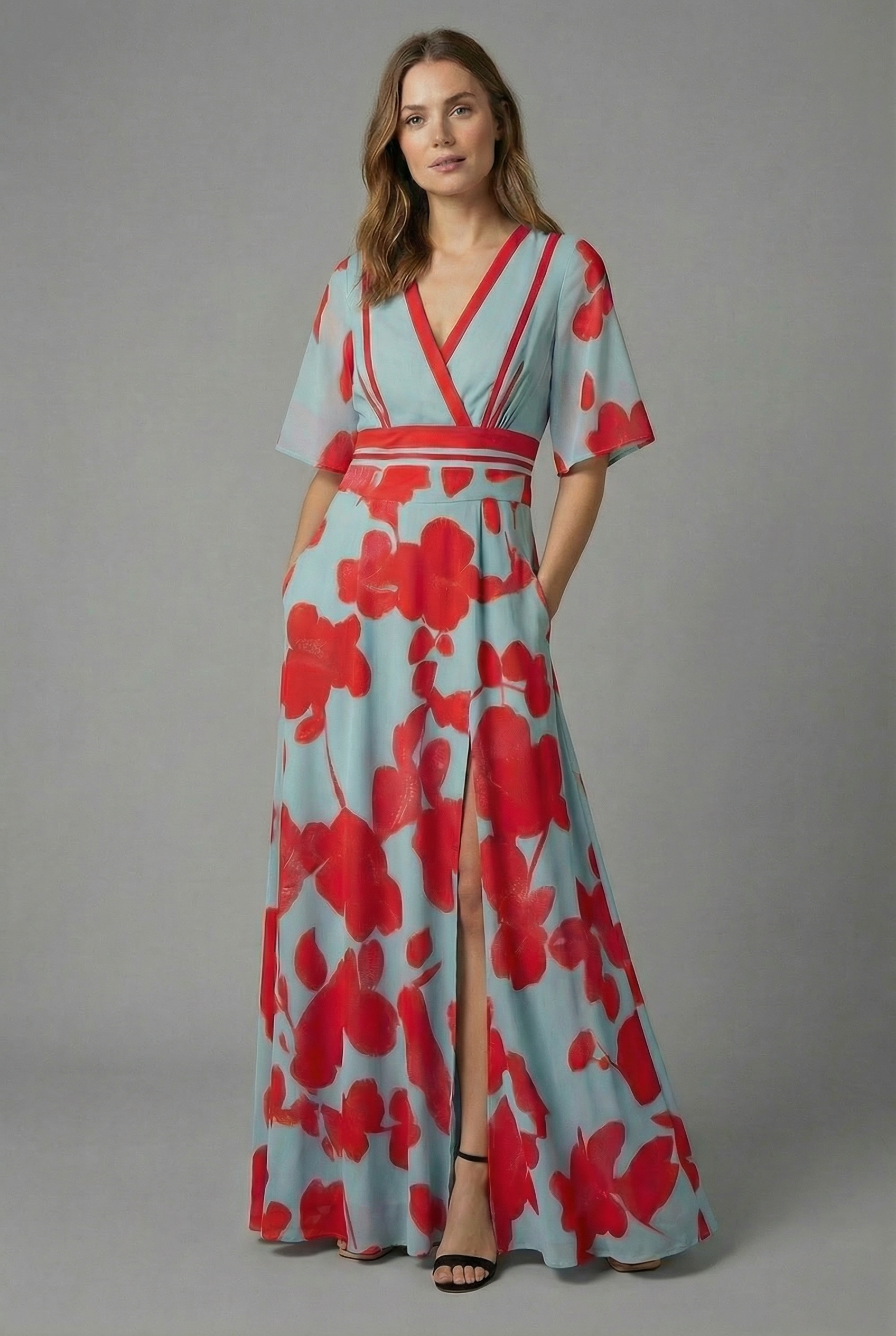 Women's Elegant V-Neck Flowing Full-Length Floral Maxi Dress