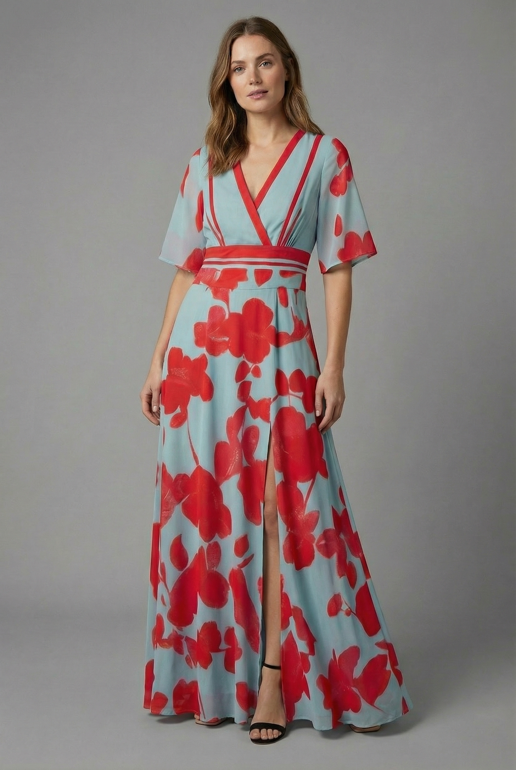 Women's Elegant V-Neck Flowing Full-Length Floral Maxi Dress