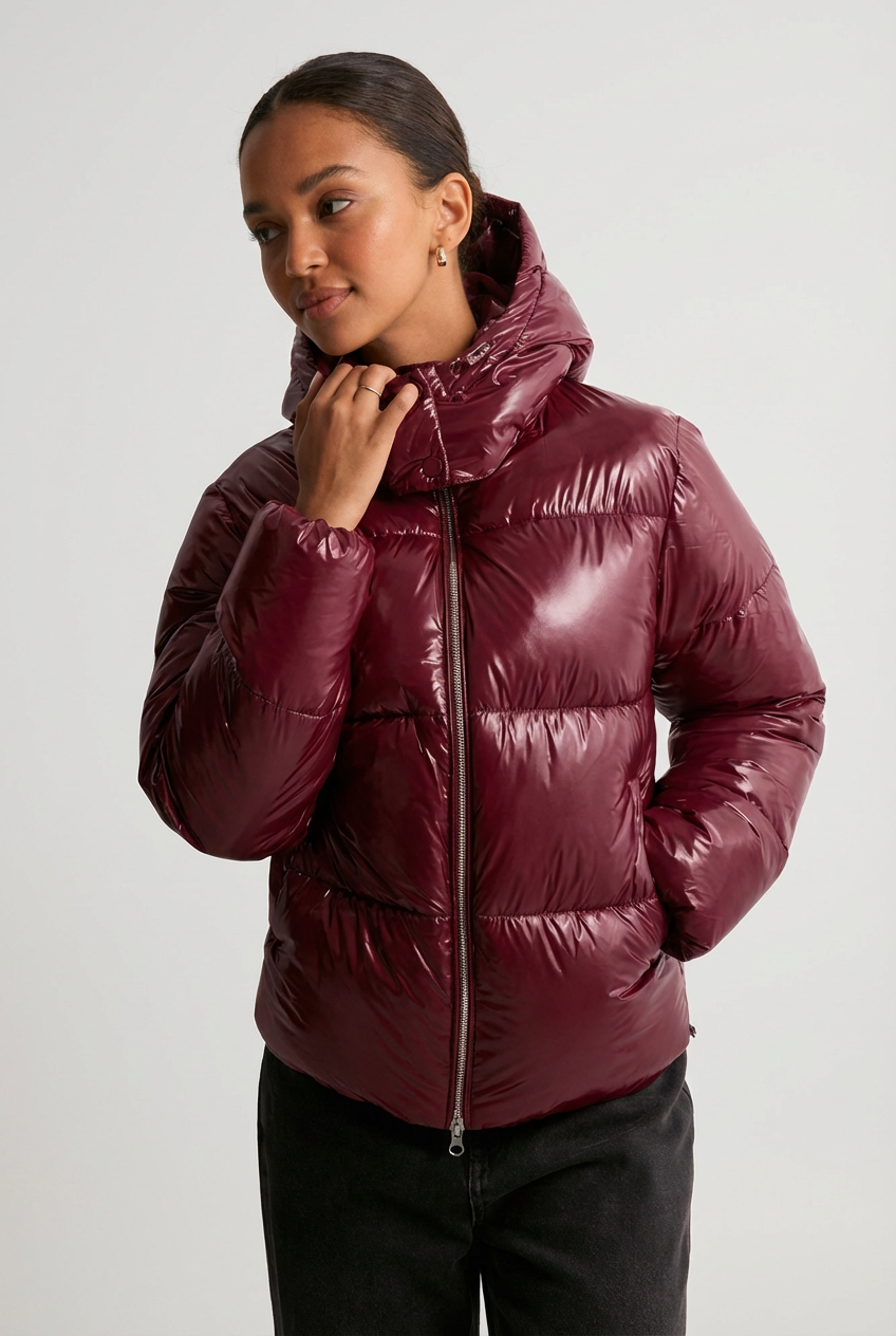 Women's Glossy Hooded Full-Zip Front Puffer Jacket