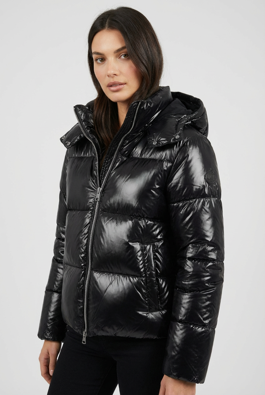Women's Glossy Hooded Full-Zip Front Puffer Jacket