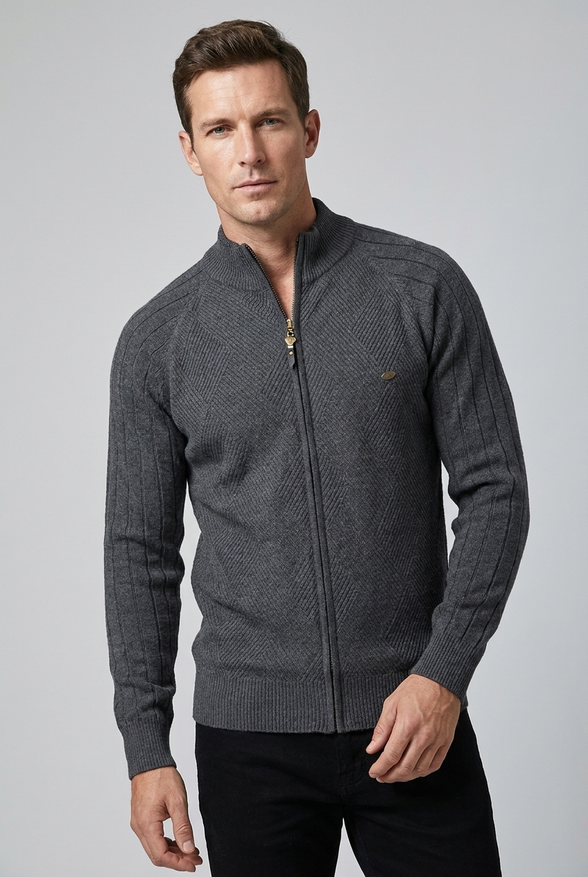 Textured Knit Stand Collar Zip Cardigan Men