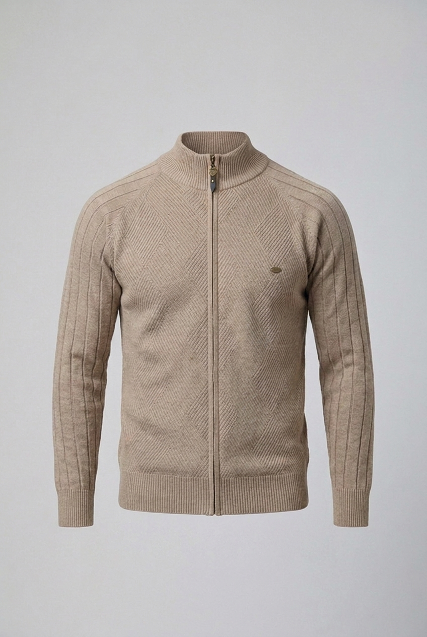 Textured Knit Stand Collar Zip Cardigan Men