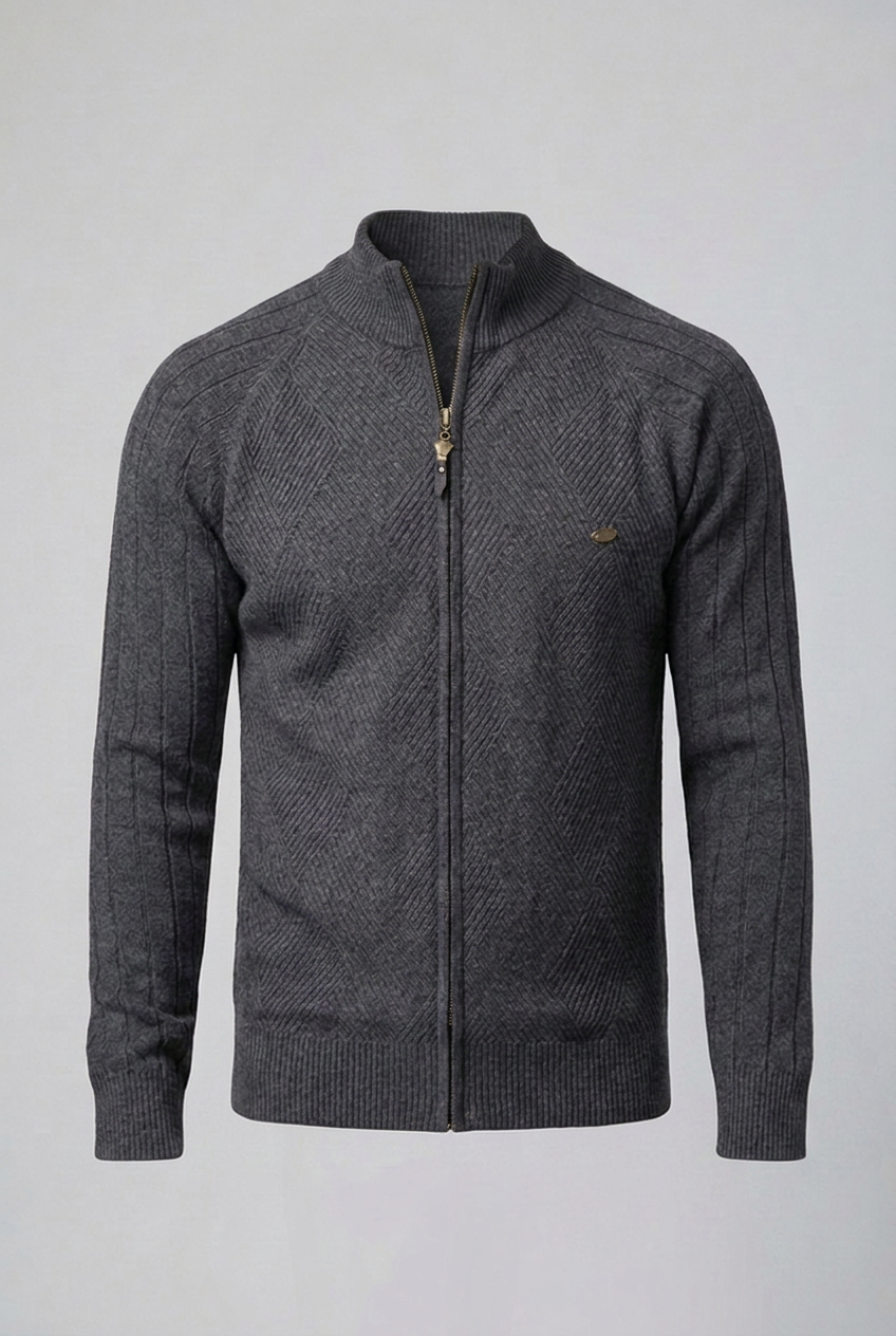 Textured Knit Stand Collar Zip Cardigan Men