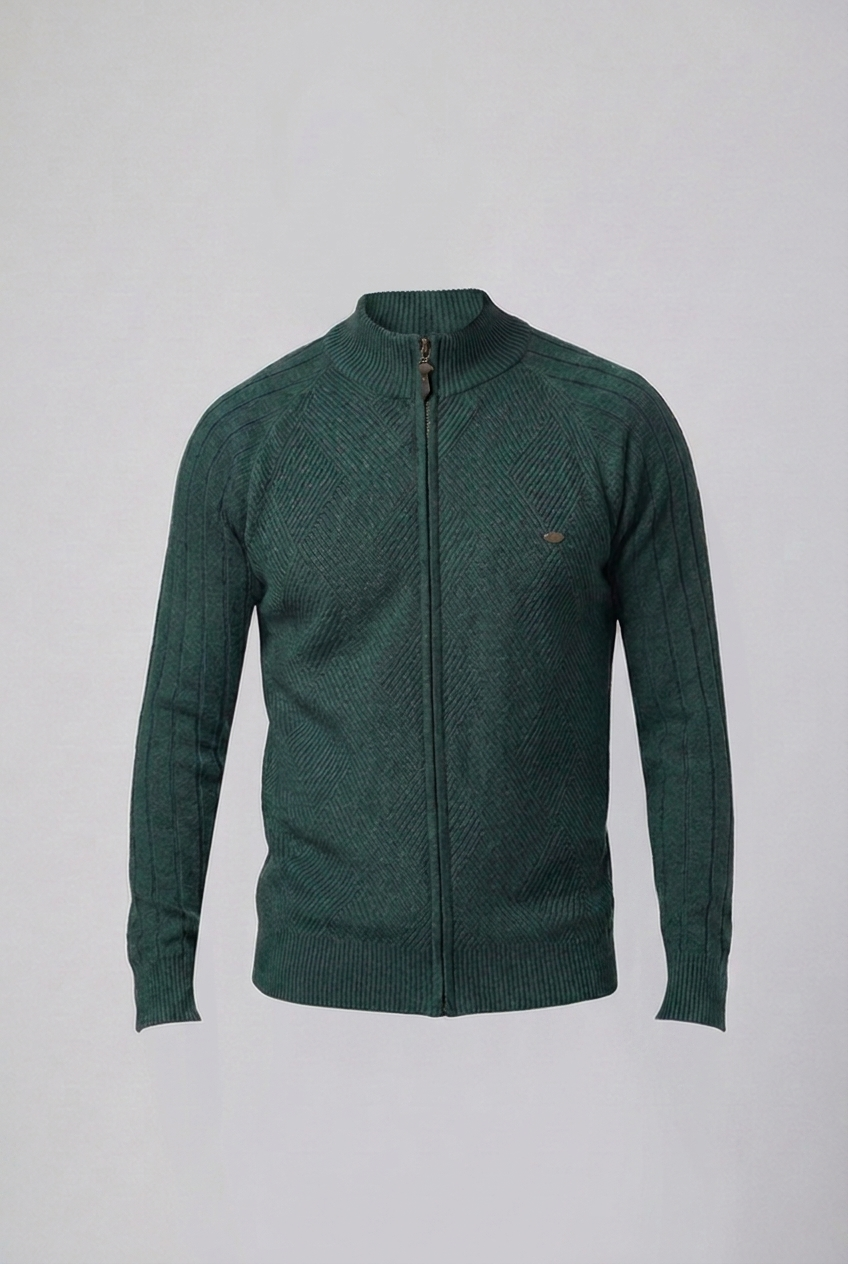 Textured Knit Stand Collar Zip Cardigan Men