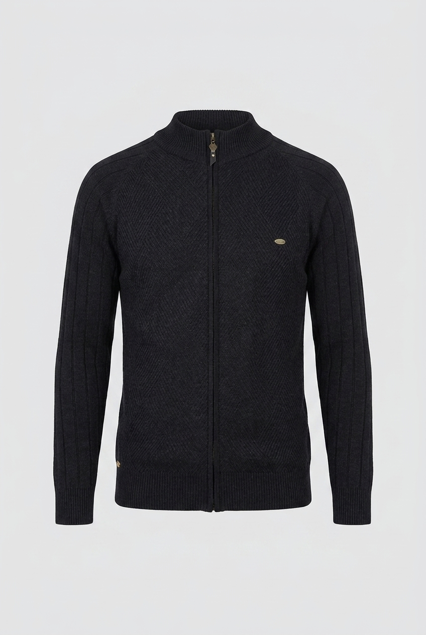 Textured Knit Stand Collar Zip Cardigan Men