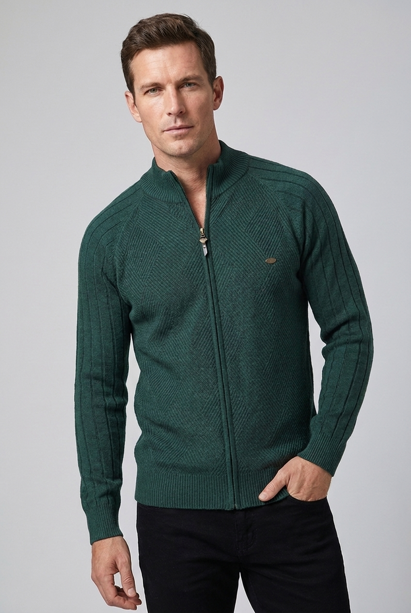 Textured Knit Stand Collar Zip Cardigan Men