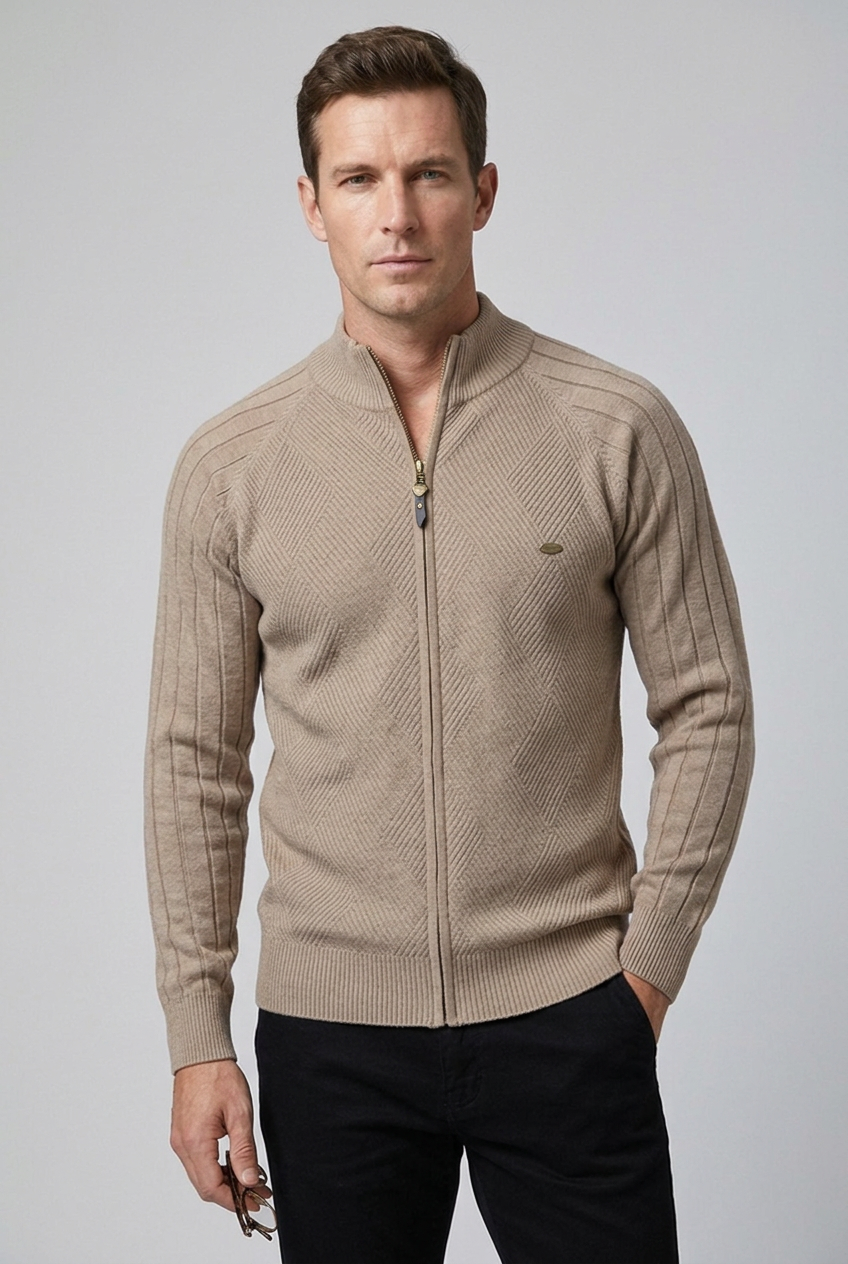Textured Knit Stand Collar Zip Cardigan Men