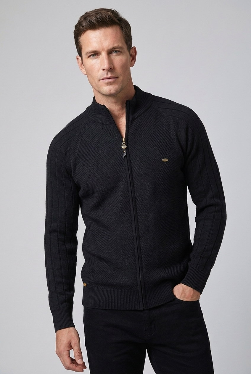 Textured Knit Stand Collar Zip Cardigan Men