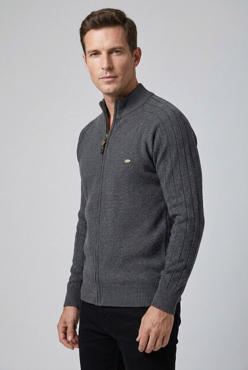 Textured Knit Stand Collar Zip Cardigan Men