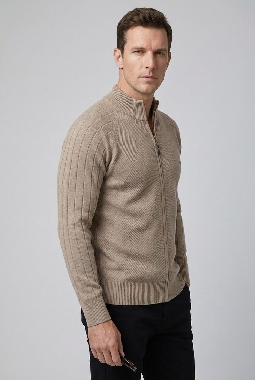 Textured Knit Stand Collar Zip Cardigan Men