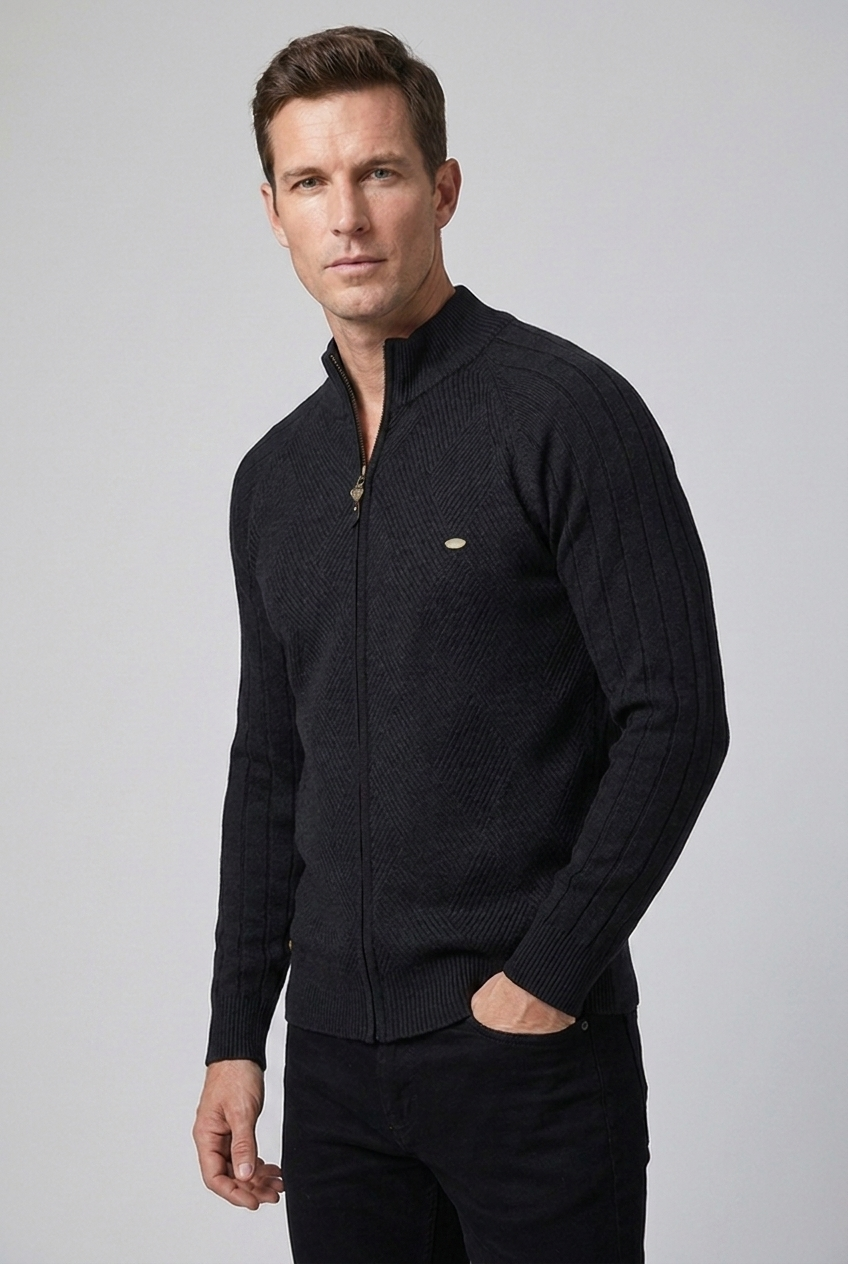 Textured Knit Stand Collar Zip Cardigan Men