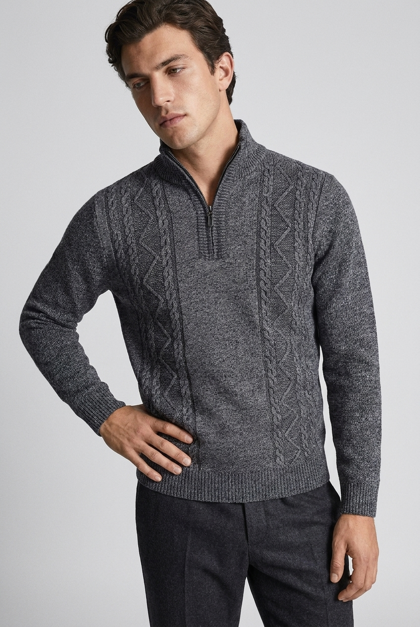 Cable Knit Quarter Zip Funnel Collar Jumper Men
