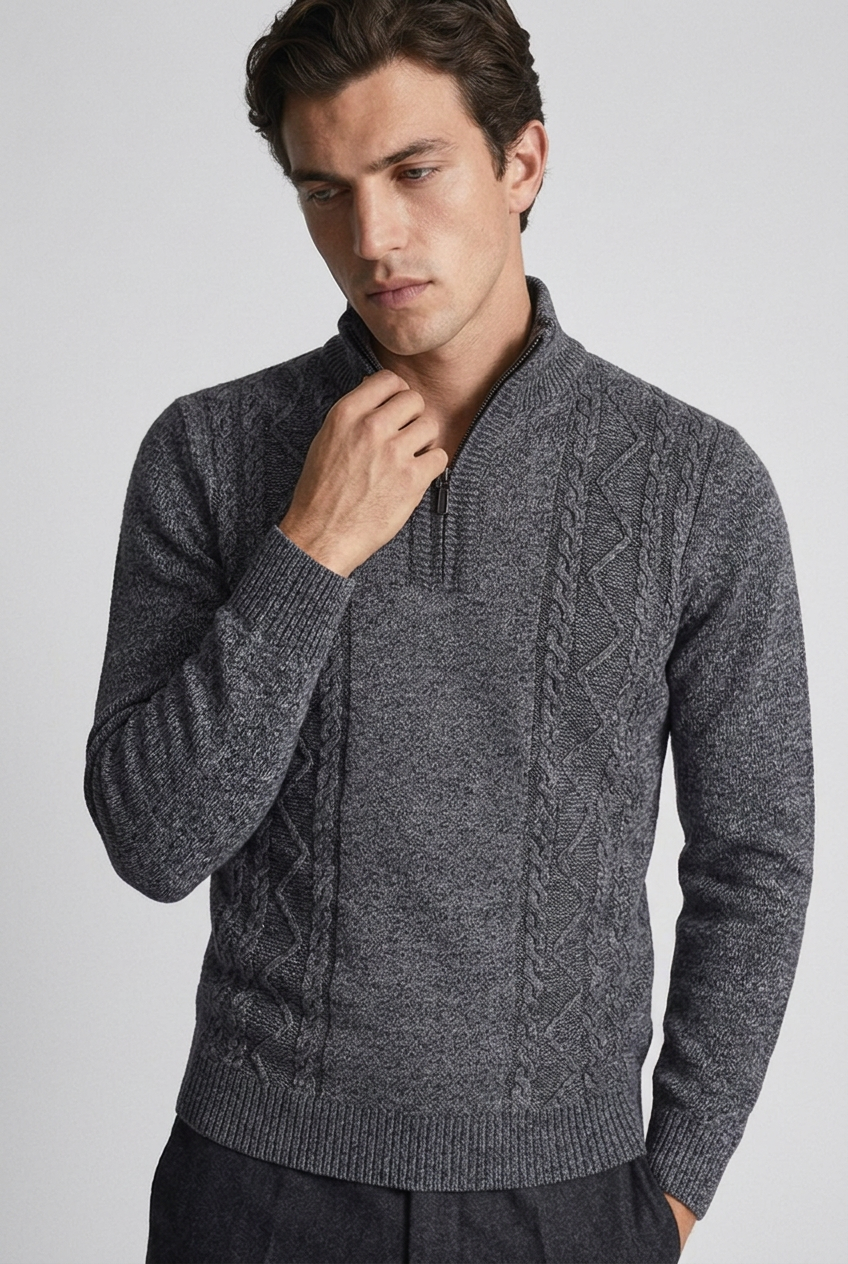 Cable Knit Quarter Zip Funnel Collar Jumper Men